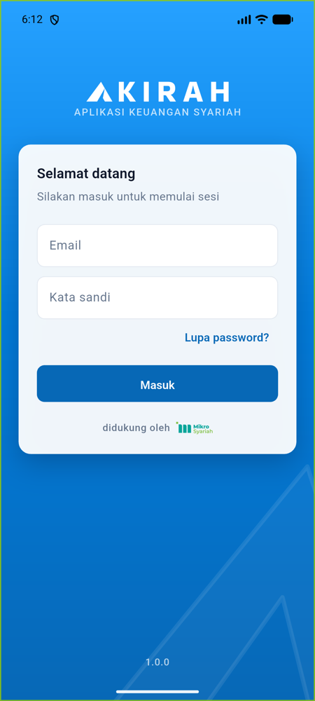 Layar masuk aplikasi Akirah Mobile